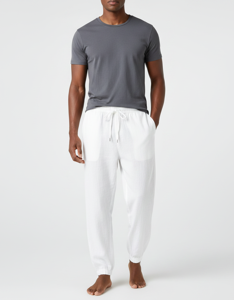 Pantalon Fluide Blanc Lin Ample Décontracté Homme Cordon