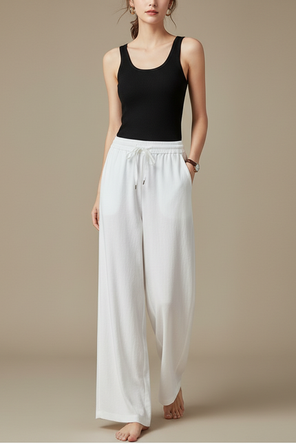 Pantalon Fluide Femme Blanc Ample Décontracté Léger - Lin