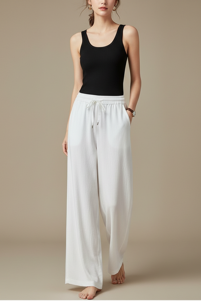 Pantalon Fluide Femme Blanc Ample Décontracté Léger - Lin