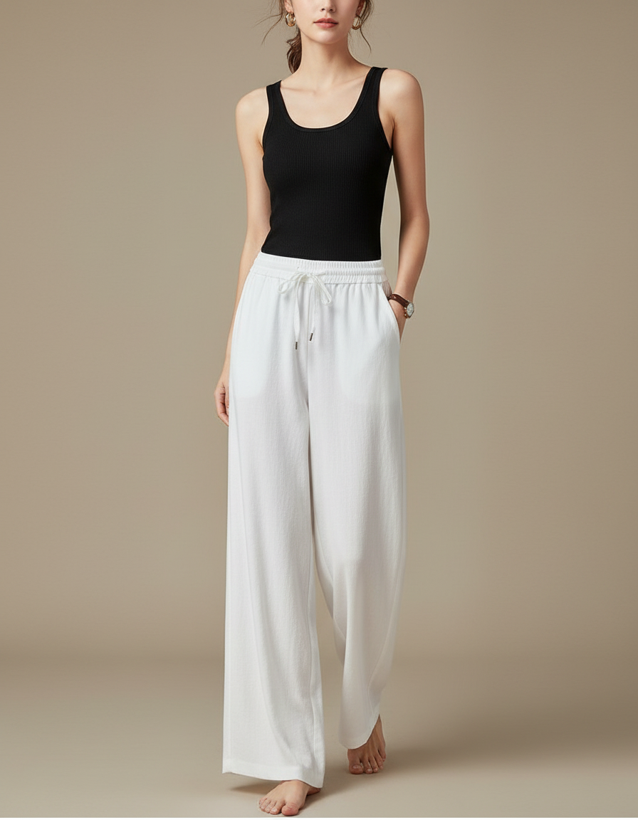 Pantalon Fluide Femme Blanc Ample Décontracté Léger - Lin
