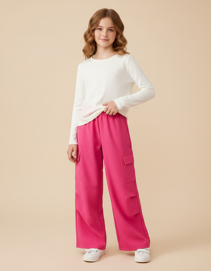 Pantalon Fluide Rose Cargo Ample Poches Latérales - Polyester