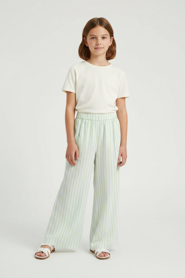 Pantalon Fluide Rayé Vert Ample Décontracté Coton
