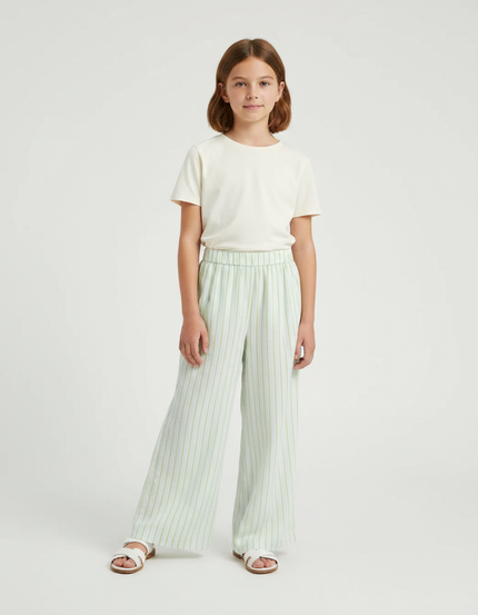 Pantalon Fluide Rayé Vert Ample Décontracté Coton