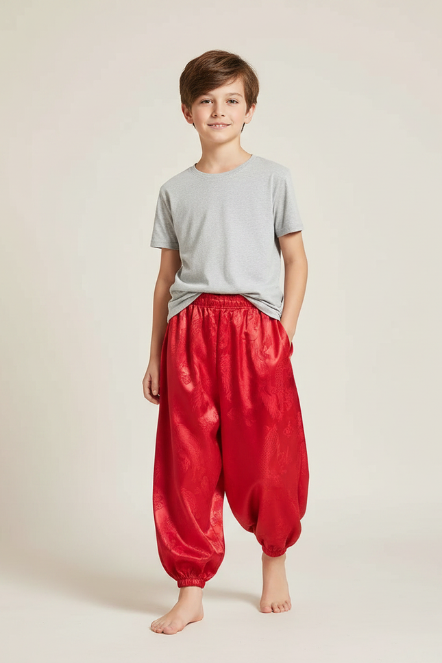 Pantalon Fluide Rouge Satiné Ample Dragon Garçon
