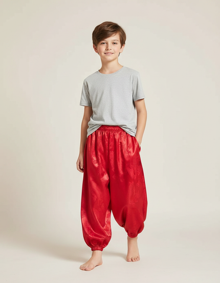 Pantalon Fluide Rouge Satiné Ample Dragon Garçon