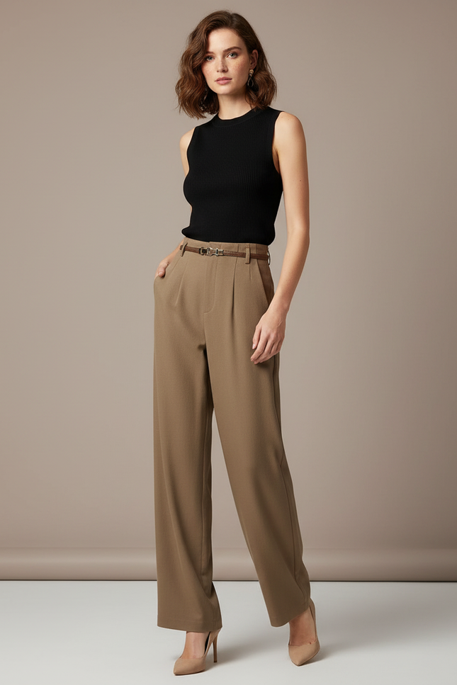Pantalon Fluide Taille Haute Kaki - Polyester