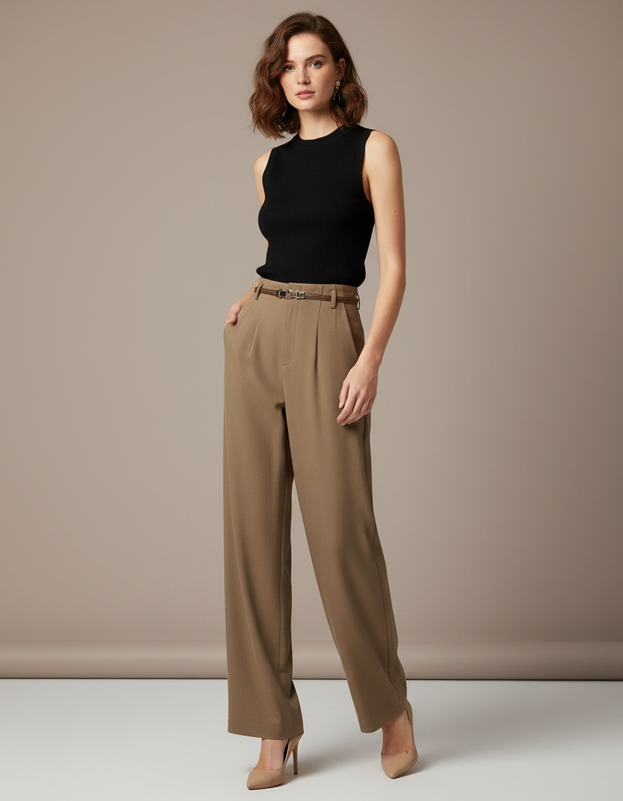 Pantalon Fluide Taille Haute Kaki - Polyester