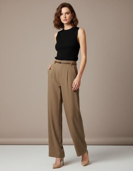 Pantalon Fluide Taille Haute Kaki - Polyester