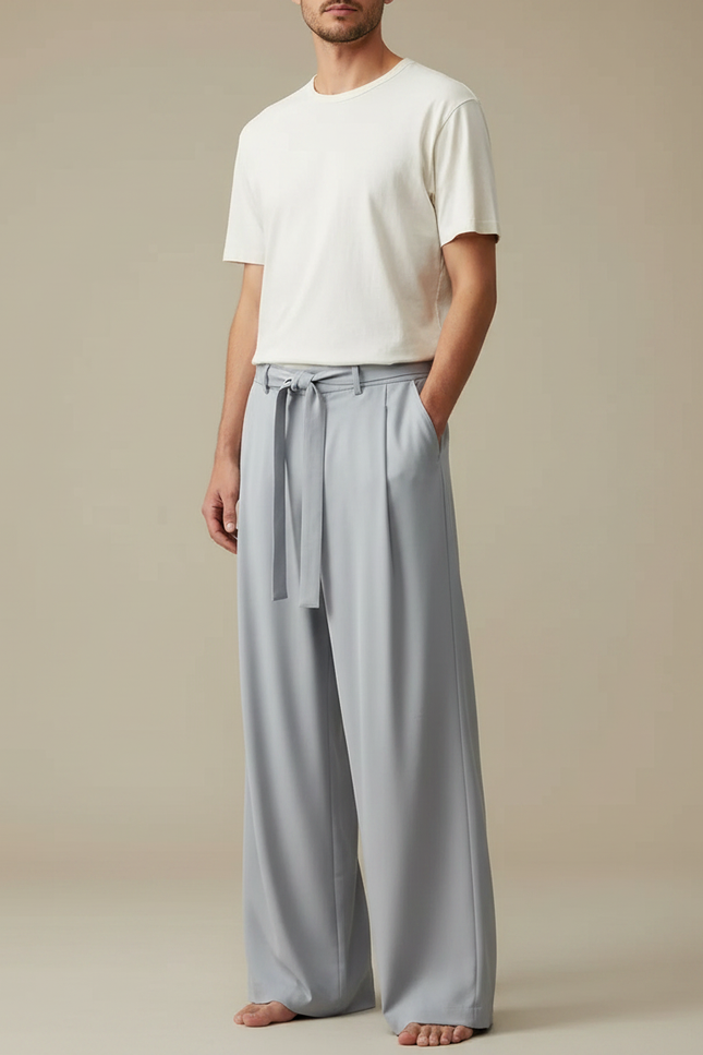 Pantalon Fluide Gris Ample Ceinturé Décontracté Homme - Bleu Viscose