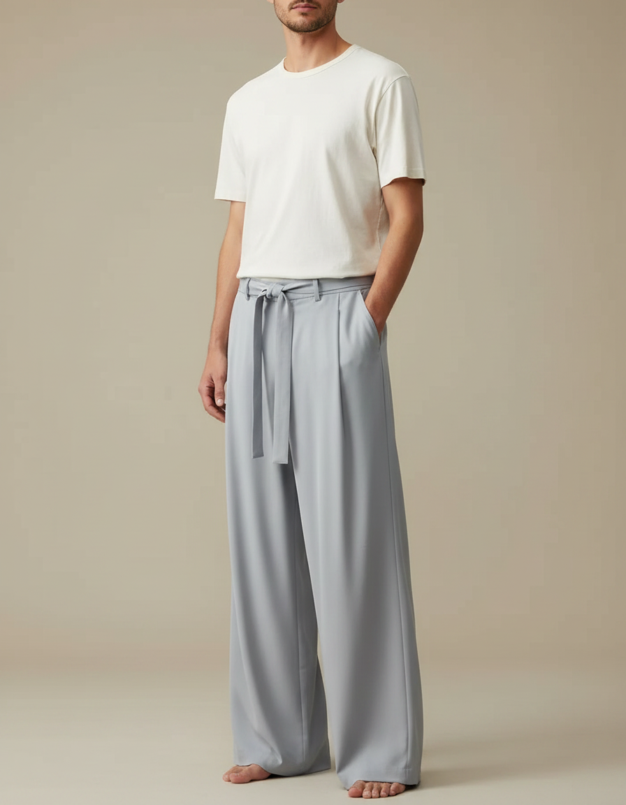 Pantalon Fluide Gris Ample Ceinturé Décontracté Homme - Bleu Viscose