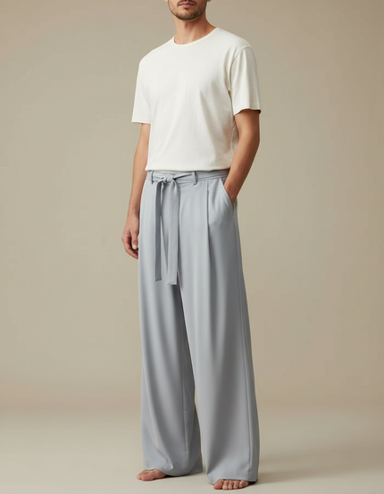 Pantalon Fluide Gris Ample Ceinturé Décontracté Homme - Bleu Viscose