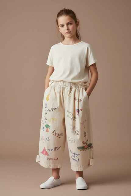 Pantalon Fluide Écru Coton Ample Imprimé Enfant - Beige