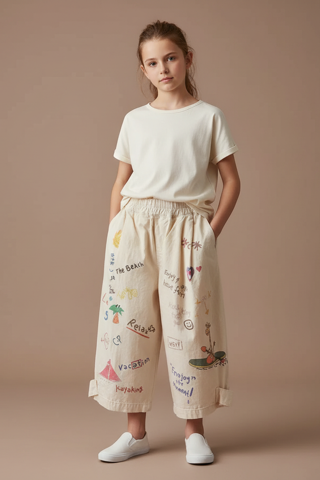 Pantalon Fluide Écru Coton Ample Imprimé Enfant - Beige