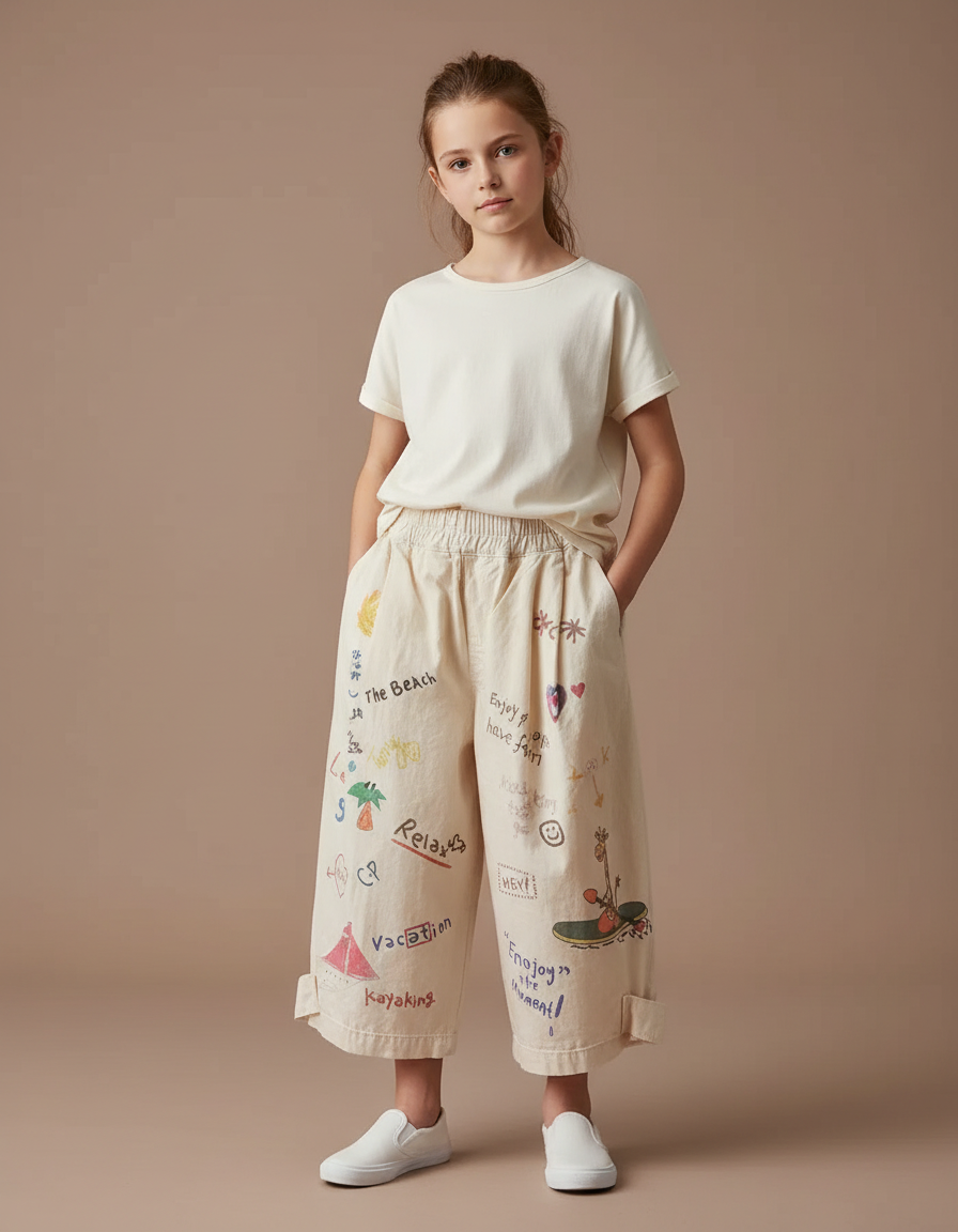 Pantalon Fluide Écru Coton Ample Imprimé Enfant - Beige