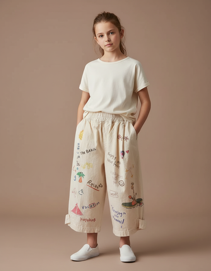 Pantalon Fluide Écru Coton Ample Imprimé Enfant - Beige