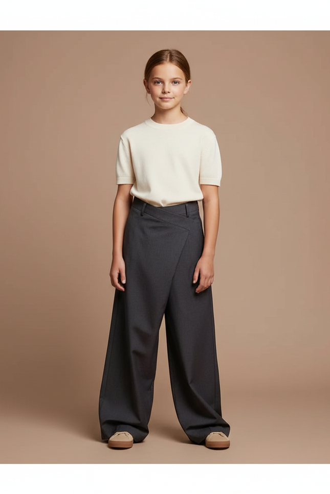 Pantalon Fluide Gris Ample Taille Haute Asymétrique - Gabardine