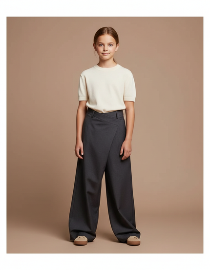 Pantalon Fluide Gris Ample Taille Haute Asymétrique - Gabardine