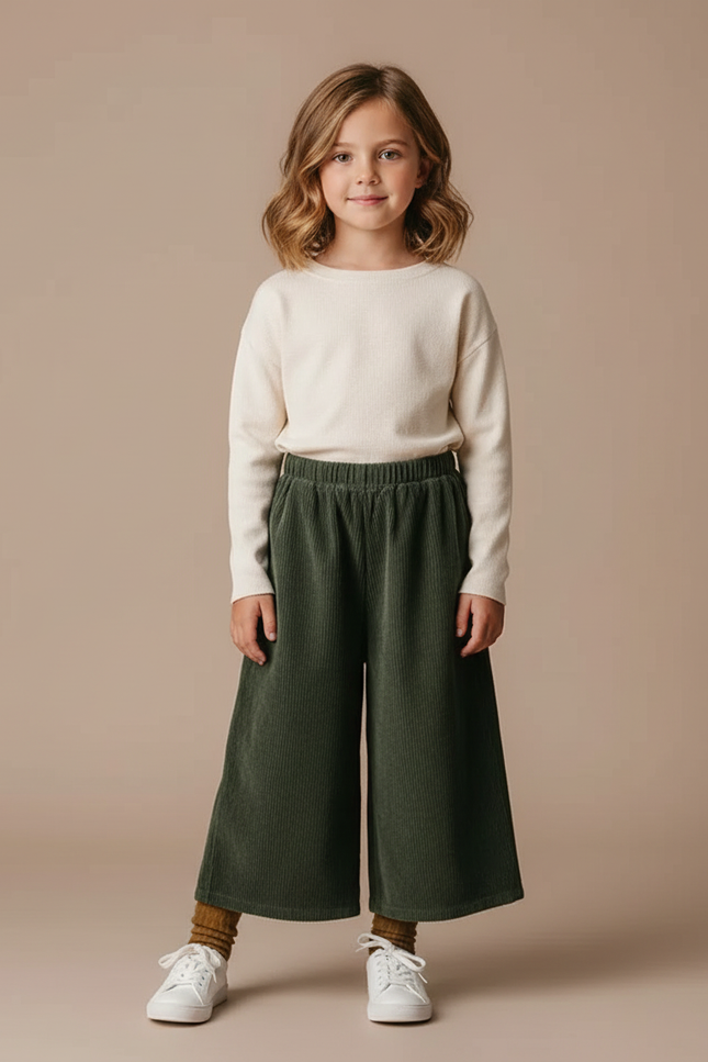 Pantalon Fluide Vert Côtelé Ample Décontracté Enfant - Cordé