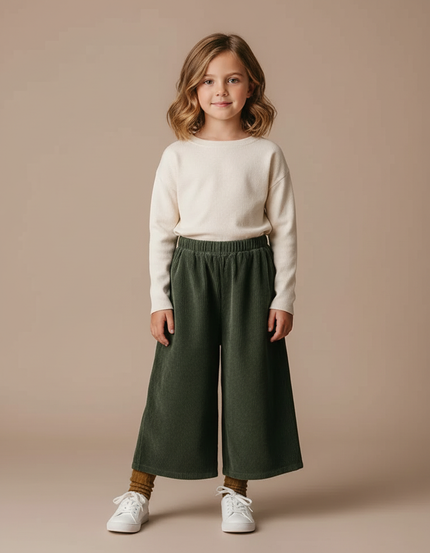 Pantalon Fluide Vert Côtelé Ample Décontracté Enfant - Cordé
