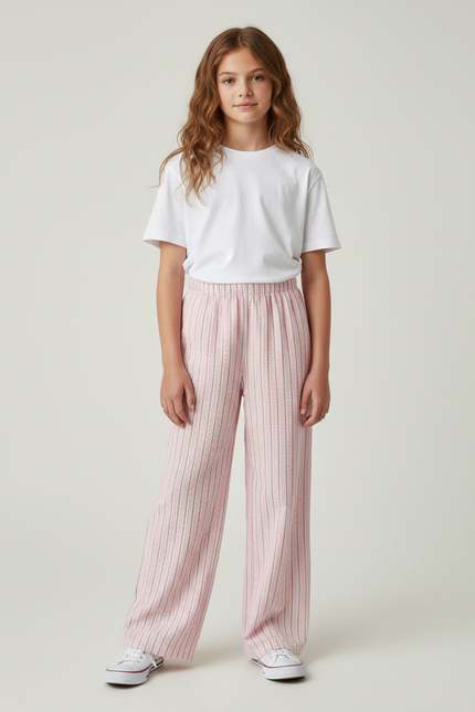 Pantalon Fluide Rayé Rose Ample Décontracté Coton - Cordé