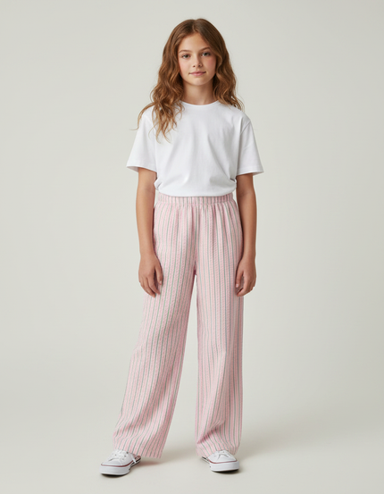 Pantalon Fluide Rayé Rose Ample Décontracté Coton - Cordé