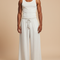 Pantalon Fluide Écru Ample Côtelé Cordon Décontracté - Blanc Cordé