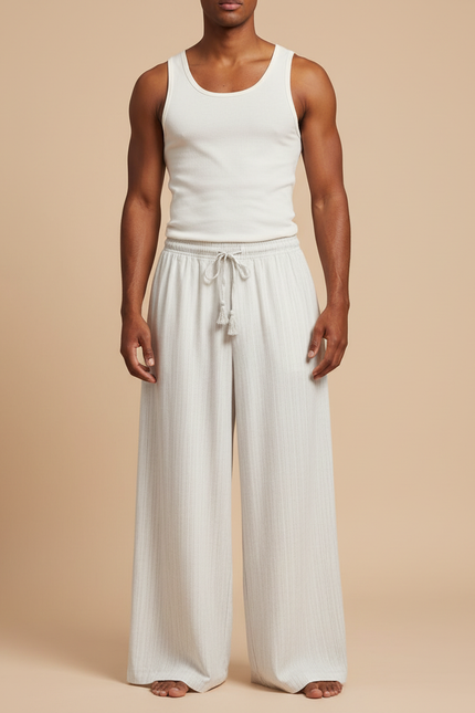 Pantalon Fluide Écru Ample Côtelé Cordon Décontracté - Blanc Cordé