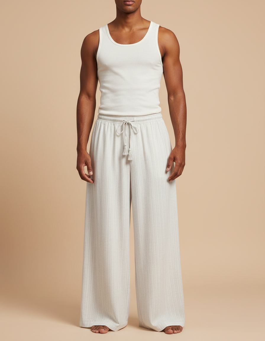Pantalon Fluide Écru Ample Côtelé Cordon Décontracté - Blanc Cordé