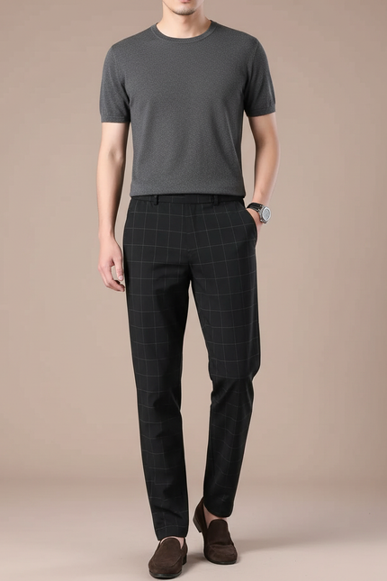 Pantalon Fluide Carreaux Noir Droit Décontracté Homme - Polyester