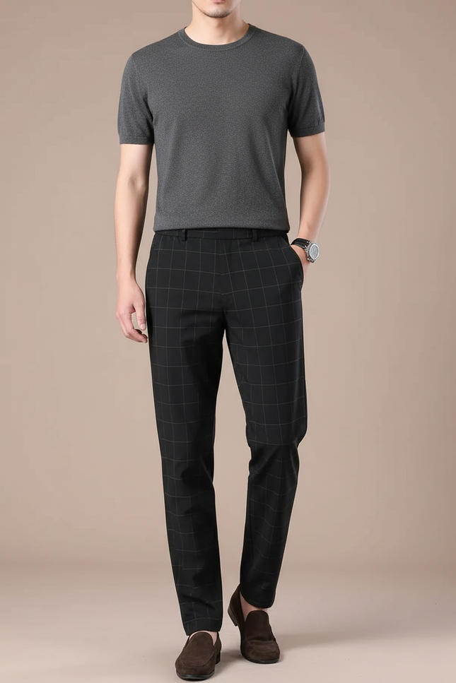 Pantalon Fluide Carreaux Noir Droit Décontracté Homme - Polyester