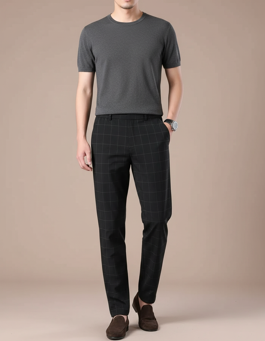 Pantalon Fluide Carreaux Noir Droit Décontracté Homme - Polyester