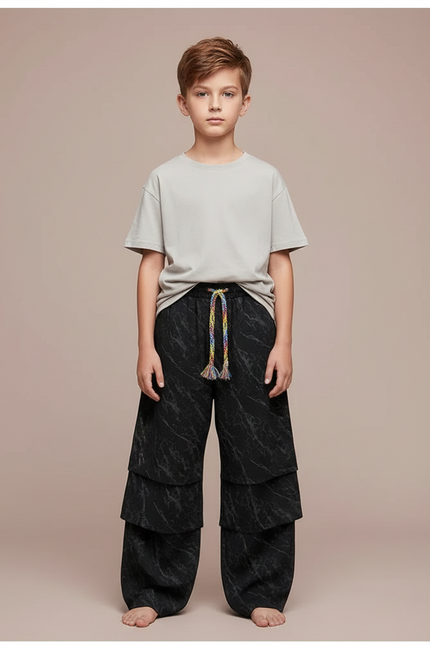 Pantalon Fluide Noir Superposé Marbré Ample Enfant - Viscose