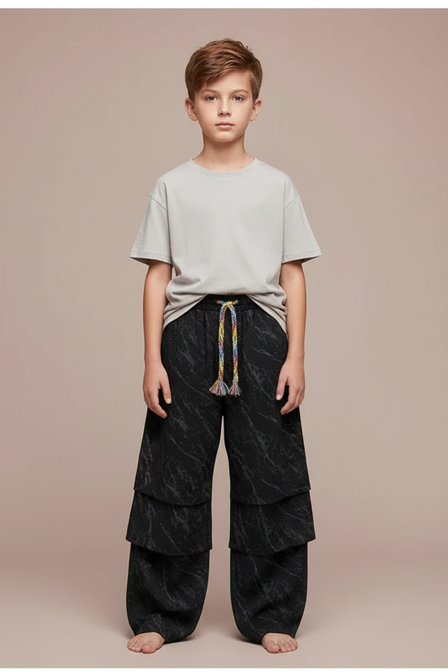 Pantalon Fluide Noir Superposé Marbré Ample Enfant - Viscose
