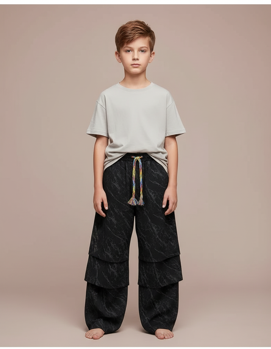 Pantalon Fluide Noir Superposé Marbré Ample Enfant - Viscose