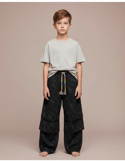 Pantalon Fluide Noir Superposé Marbré Ample Enfant - Viscose