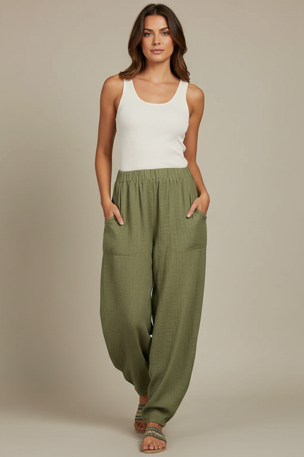 Pantalon Fluide Kaki Ample Confortable Lin Femme