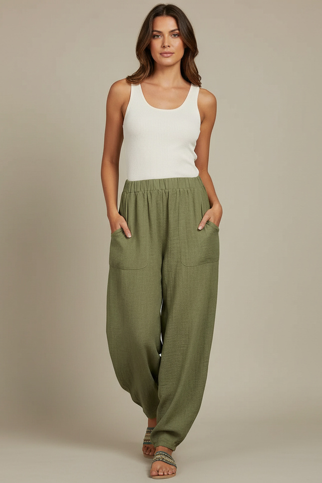 Pantalon Fluide Kaki Ample Confortable Lin Femme