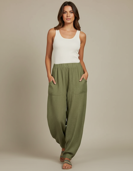 Pantalon Fluide Kaki Ample Confortable Lin Femme