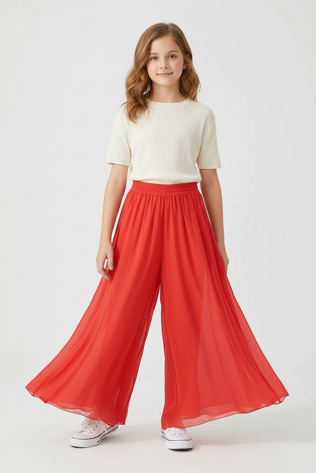 Pantalon Fluide Rouge Chiffon Ample Danse Yoga - Polyester