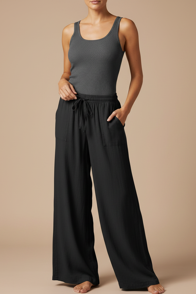 Pantalon Fluide Noir Ample Confortable Décontracté - Lin