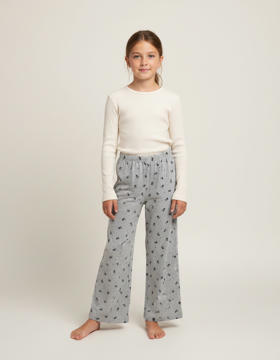 Pantalon Fluide Gris Ample Imprimé Décontracté Enfant Coton - Molleton