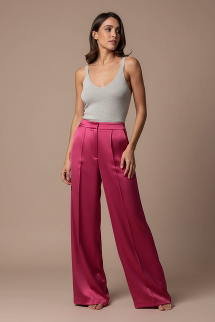 Pantalon Fluide Rose Fuchsia Satiné Ample Élégant