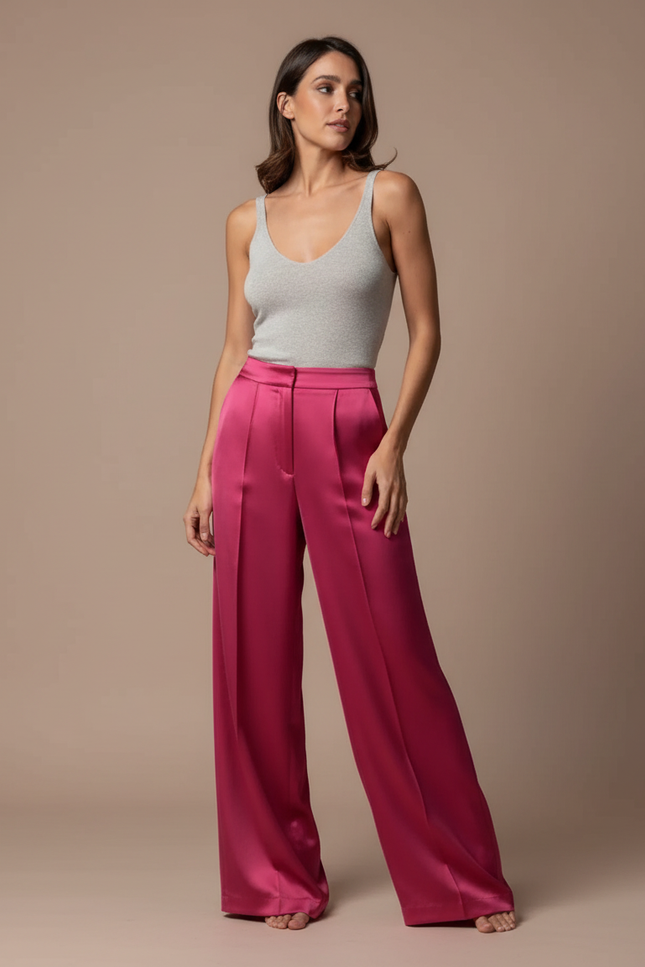 Pantalon Fluide Rose Fuchsia Satiné Ample Élégant