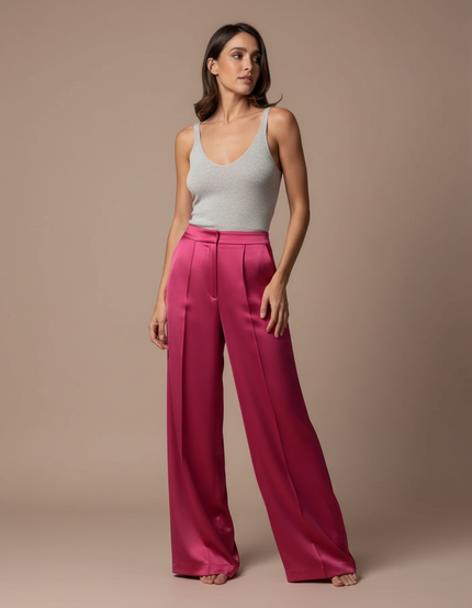 Pantalon Fluide Rose Fuchsia Satiné Ample Élégant