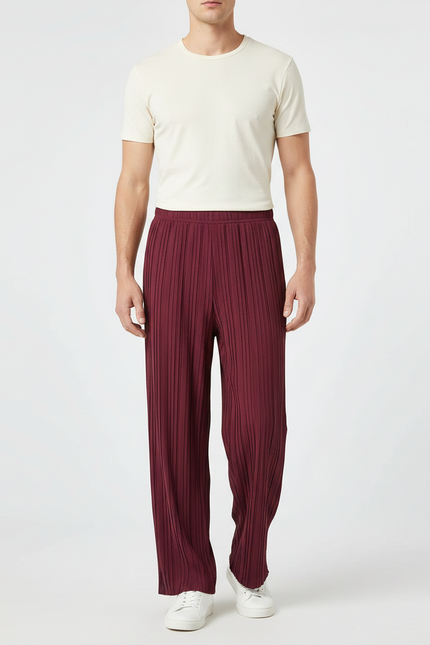 Pantalon Fluide Plissé Ample Bordeaux Homme Décontracté - Polyester