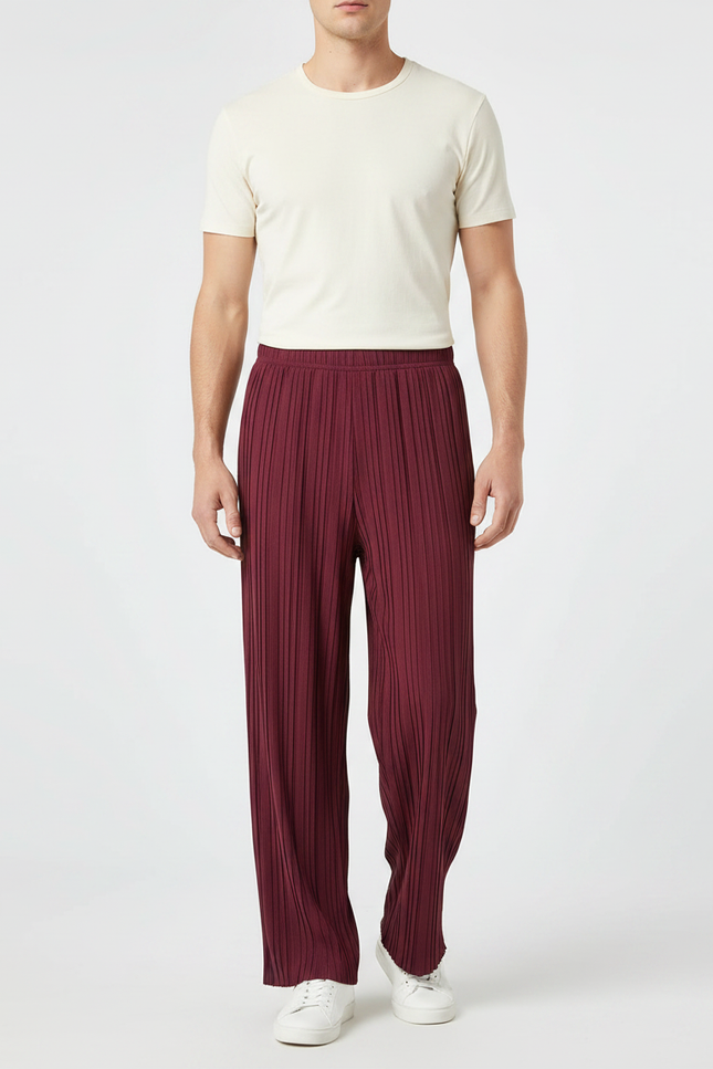 Pantalon Fluide Plissé Ample Bordeaux Homme Décontracté - Polyester