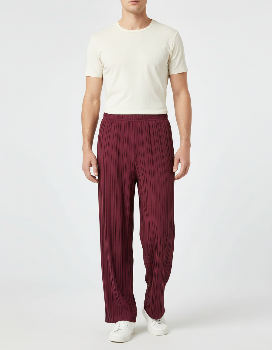 Pantalon Fluide Plissé Ample Bordeaux Homme Décontracté - Polyester