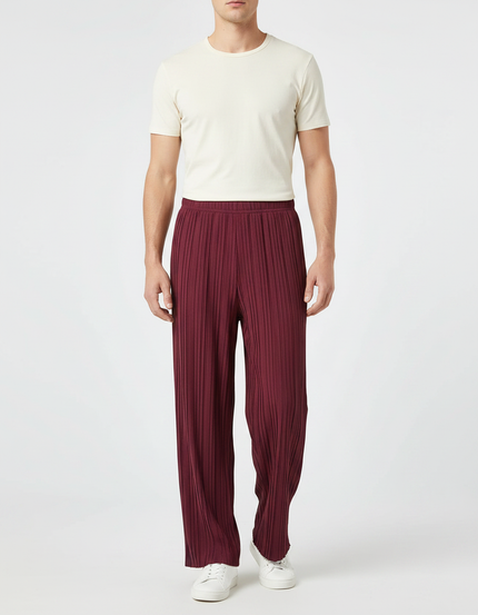 Pantalon Fluide Plissé Ample Bordeaux Homme Décontracté - Polyester