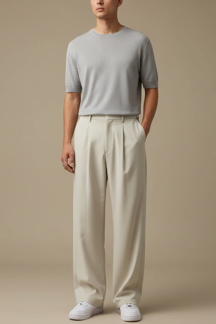 Pantalon Fluide Beige Large Plissé Élégant Homme - Polyester