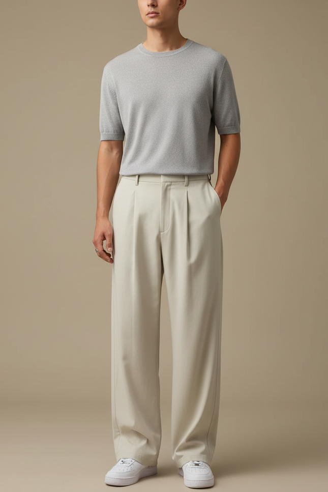 Pantalon Fluide Beige Large Plissé Élégant Homme - Polyester